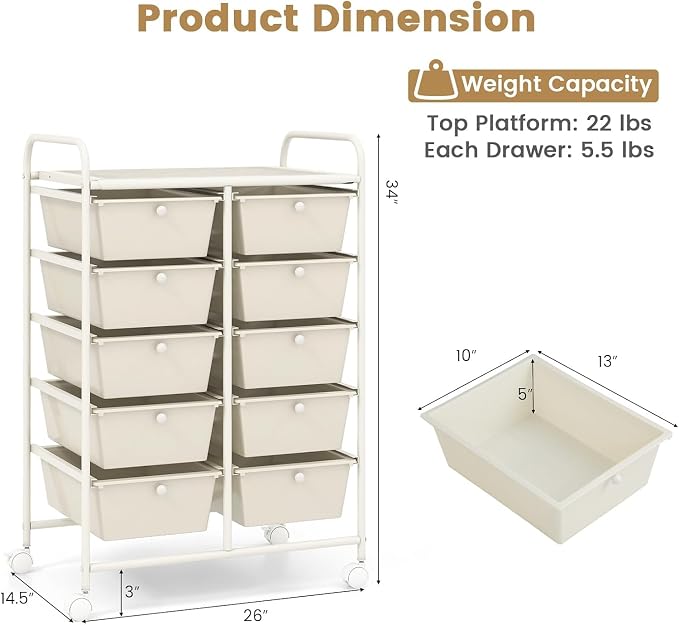 10 Drawer Rolling Cart, Storage Cart Organizer on Wheels, Drawer Cart with Metal Frame & Large Storage Capacity, Rolling Cart with Drawers for Living Room Classroom, Office - Image 3