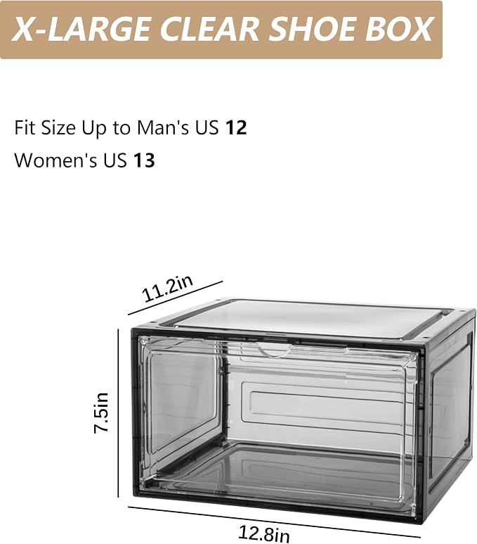 Attelite Large Shoe Boxes 6 Pack Drop Side Shoe Storage Container Stackable | Clear Shoe Organizers for Display Sneakers, Fit up to Men's Size 12, Easy Assembly, Magnetic Door, Thickened Plastic - Image 2