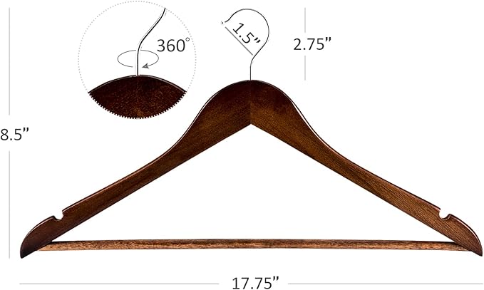 HOUSE DAY Premium Wooden Hangers 20 Pack, 17.5" Smooth Wood Clothes Hangers | with Non-Slip Pants Bar, Shoulder Notches, 360° Swivel Hook for Suits, Coats, Shirts and Dresses, Walnut - Image 7