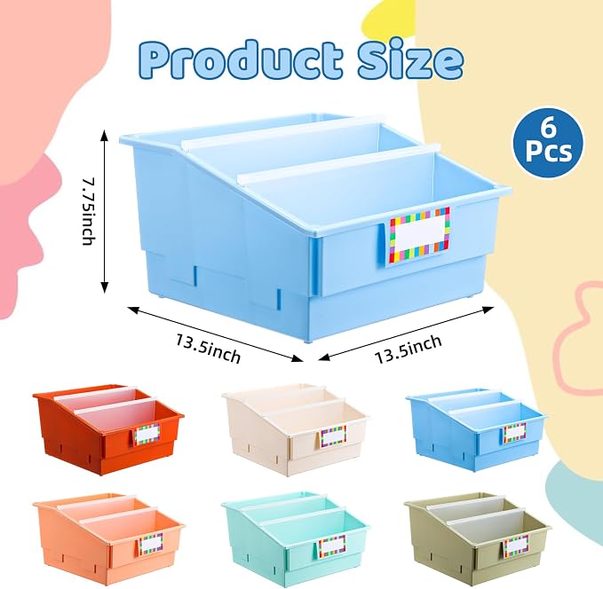 Lineshading 6 Pack Picture Book Organizer Bins with Dividers Large Plastic Book Holders with Labels Multi Purpose Classroom Organization Bins Storage Container (Boho Color,13.5 " X 13.5 " X 7.75") - Image 2