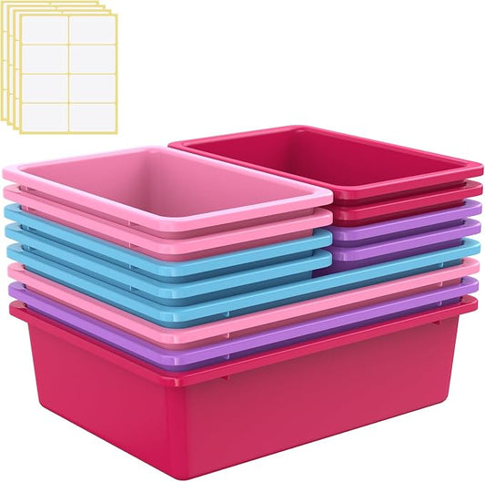 Zonon 12 Pcs Plastic Cubby Bins Office Storage Container Storage Bins Plastic Organization with 1 Pack Self Adhesive Label for Library Office Home Nursery(Mermaid Color) by Zonon