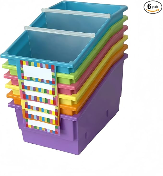 6 Pack Plastic Picture Book Classroom Library Bins with Dividers, Neon | Plastic Shelf Bin Organizer for Classroom Library, Book, Documents, Files Magazines, Multi-Purpose Book Holders with Labels by RAUVOLFIA
