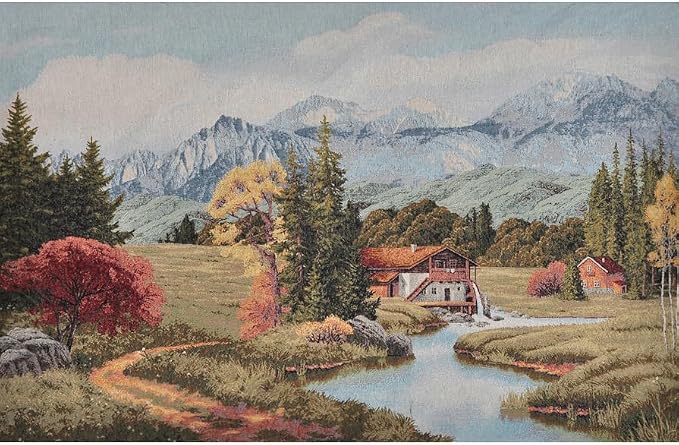 Vintage Mountain Landscape Woven Wall Tapestry, 41.5”x28“ Alpine Nature Scene Jacquard Wall Hanging, Forest & Stream Fine Art Fabric with TC Lining & Dual Rod Pockets, Rustic Cabin Home Decor (Autumn Rust & Crimson) by Unknown