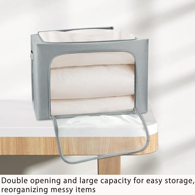 Clothes Storage Box Bins Stackable Foldable Organizer,Sturdy Handles with Metal Frame for Clothing Bedding Shelves,Closet Container with Clear Window Zipper and Label Holder (Gray, 66L x3 Pack) - Image 4