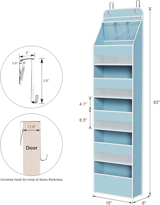 Univivi Fabric Over Door Hanging Organizer for Baby Nursery, Blue, 6-Shelf | Door Storage with Large Capacity Breathable Mesh Pockets, Over the Door Baby Organizer for Baby Essential, Bedroom, and Dorm - Image 3