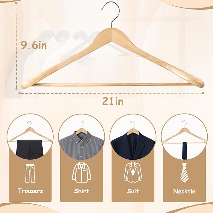 Urby 6pk 21 inch Wide Shoulder Wooden Hangers, Original Wood Color | For Plus Size Cloth, No Shoulder Bump Design, Non Slip Pants Bar, For XXL Suit, Jackets, Heavy Cloths, Easy-to-Install Hook - Image 2