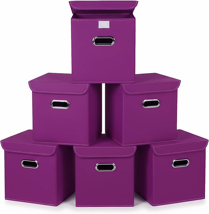 Closet Organizers Fabric Storage Bins With Lids Collapsible Cube Storage Organizer Basket With Handles,Storage Boxes for Clothes Storage,Office,Laundry,Shelves,6 Pack,（Purple） by SEVENDOME