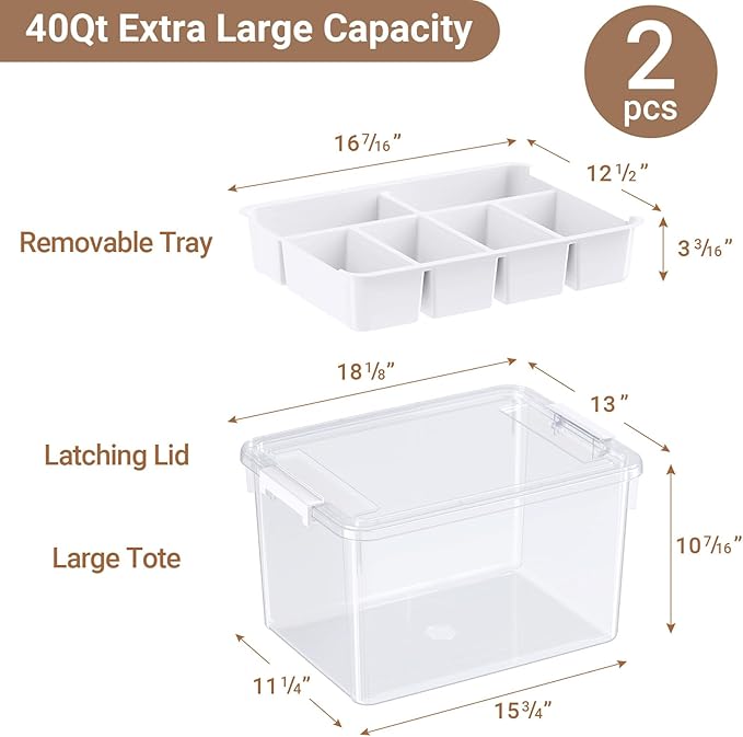 80Qt Stackable Storage Bins with Lids Trays Craft Box Organizers, 2Pack,WH | Clear Plastic Latching Boxes Organizers with Dividers Portable Containers for Arts & Crafts, Home Office Classroom Car Trunk - Image 2