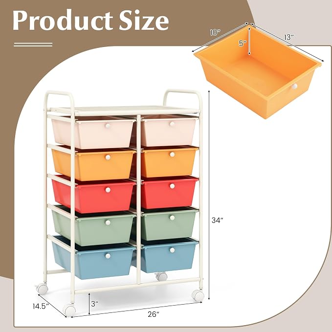 RELAX4LIFE Rolling Storage Cart with 10 Drawers - Craft Storage Cart with Lockable Wheels,Utility Cart, Art Cart Organizer for Crafting Storage, Studio, Office, Home, School Rolling Drawer Cart - Image 3