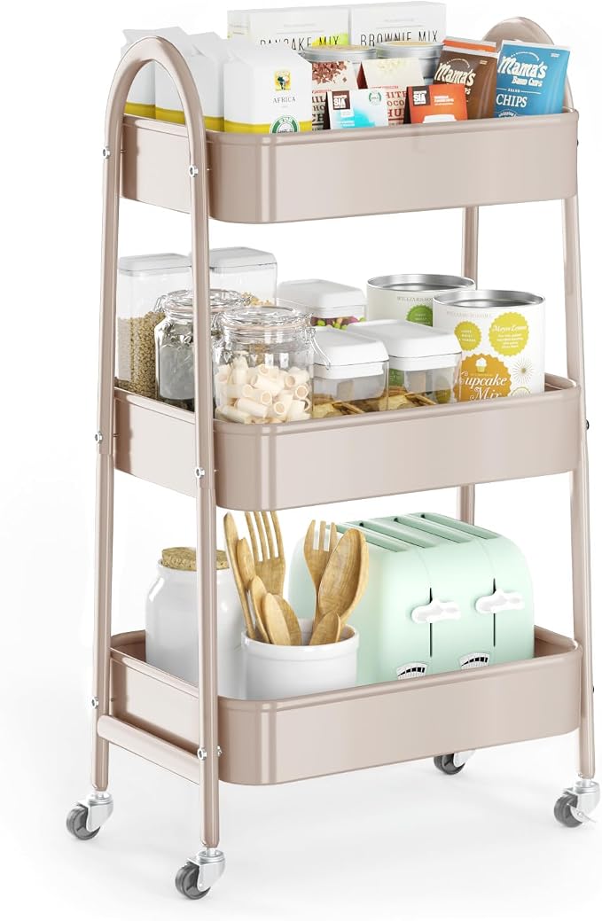 3 Tier Utility Rolling Cart, Metal Storage Cart with Handle and Lockable Wheels, Multifunctional Storage Organizer Trolley with Mesh Baskets for Kitchen, Living Room, Office, Garage (Beige) by EAGMAK