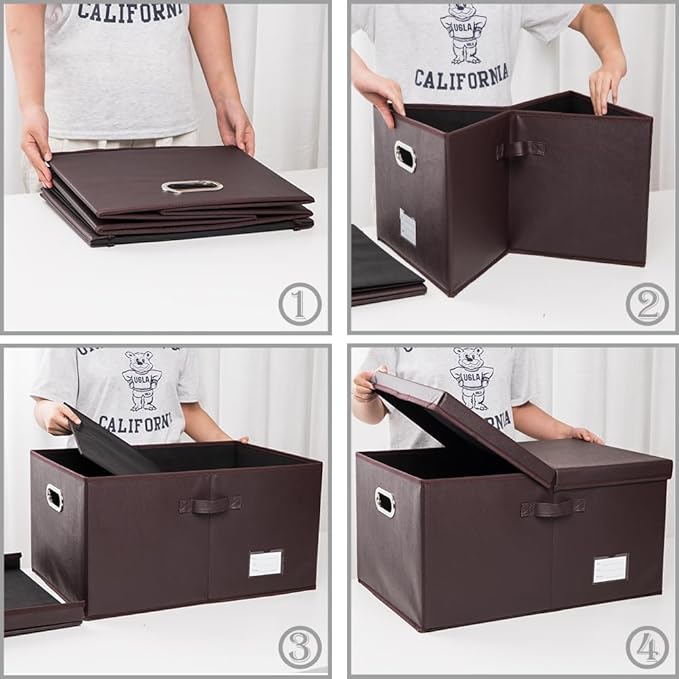 Collapsible Storage Box with Lid [1-Pack] Leather Fabric Foldable Storage Bin Organizer Container Basket Cube with Cover for Home Bedroom Closet Office Nursery Brown (22.8X15.7X11.8) - Image 4