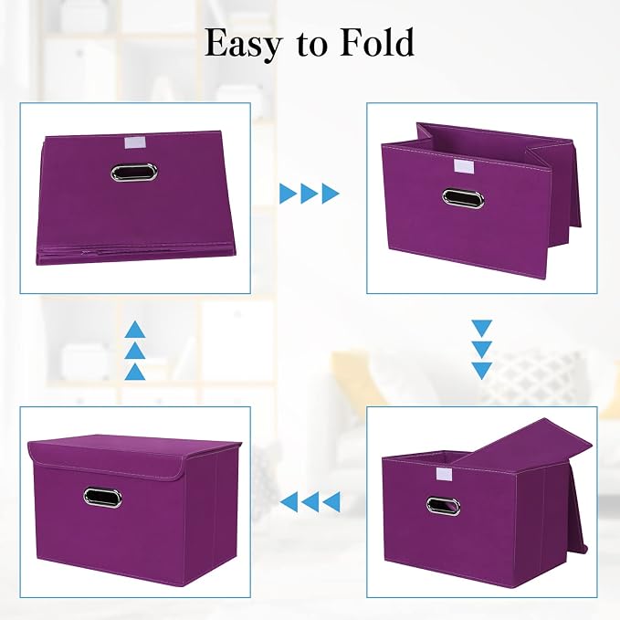 STOREONE Fabric Storage Cube Bins Foldable Organizer Container Collapsible Basket with Lids and Metal Handles, for Home, Bedroom, Closet 3 Pcs (Purple) - Image 6