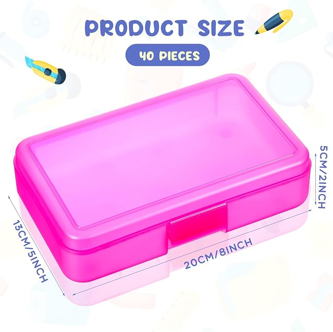 Zhehao 40 Pack Plastic Pencil Box Bulk, Hard Case for Kids,Pink | Clear Lid Cases for School Supplies, 3 Compartment Organizer, Hard Plastic Utility Holder with Pens Brushes, Classroom Use - Image 2