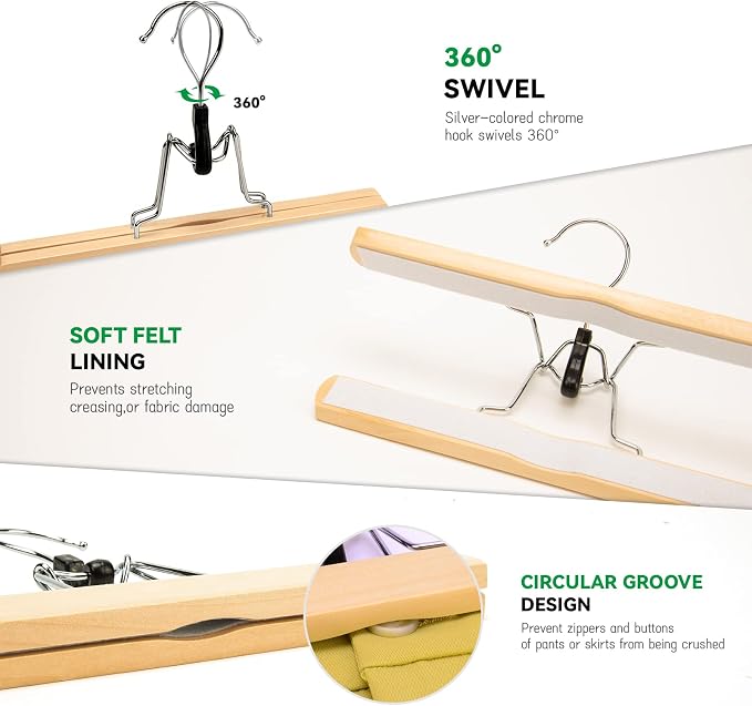 Nature Smile Wooden Pants Skirt Hangers, Smooth Finish Solid Wood Non Slip Jeans Slack Clamp Hangers Hair Extension Hangers(20Pcs Natural)… - Image 4