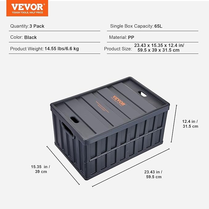 VEVOR 65L Collapsible Storage Bins with Lids 3 Packs, Stackable Utility Crates with Handles, Large Folding Containers for Organizing Tools, Books, Food, Drinks, Camping&Transport | For Organizing Tools, Books, Food, Drinks, Camping&Transport, Large Hea... - Image 7