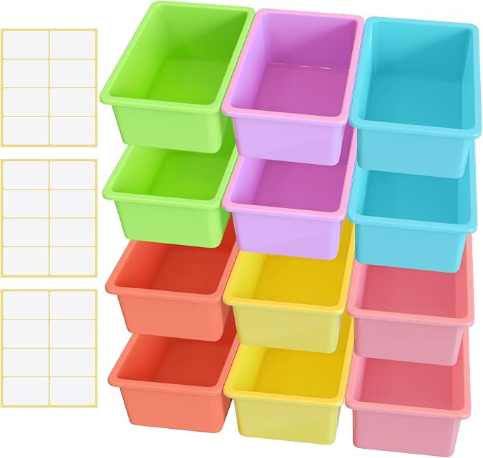 Outus 24 Pack Book Bins for Classroom Plastic Cubby Storage Bins Colored Kids Toy Organizer Container with 120 Pcs Self Adhesive Label for Student Teacher Library School Office Home (Candy Color) - Image 7