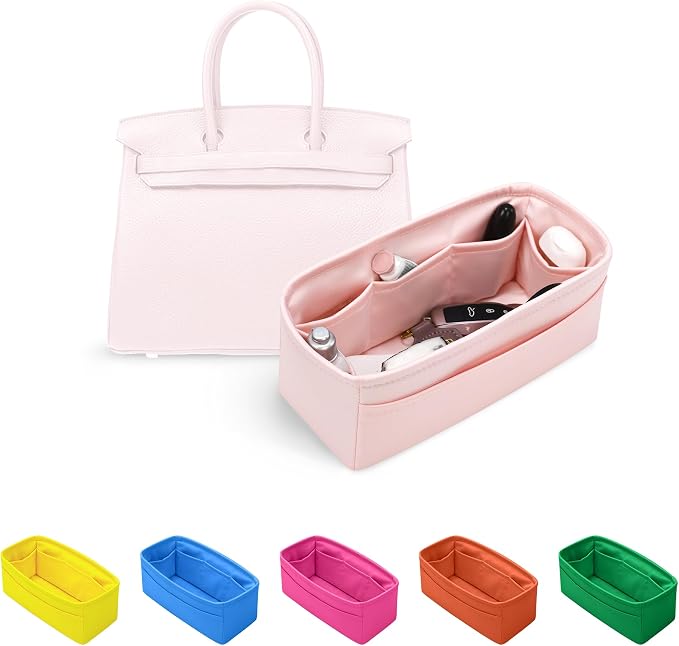 Satin Purse Organizer for Birkin 25, Pink | Sellier Style, Tailored Fit, Multiple Pockets, Lightweight Satin, Ideal for Travel, Shopping, and Daily Use by KINGSINBAG