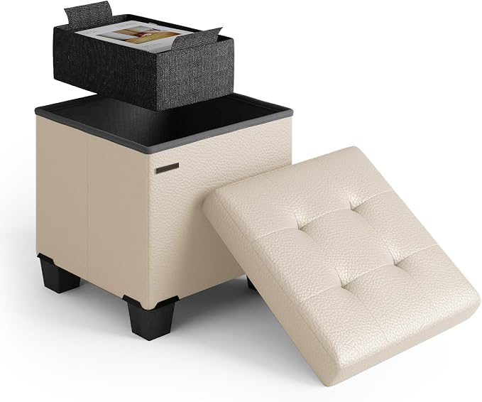 Storage Ottoman Cube with Small Bin, 15-in Square Ottoman with Storage for Living Room and Bedroom, Small Ottomans Foot Rest, Leather Foot Stools Ottomans Max 330lbs, Beige by STORAGEBUD