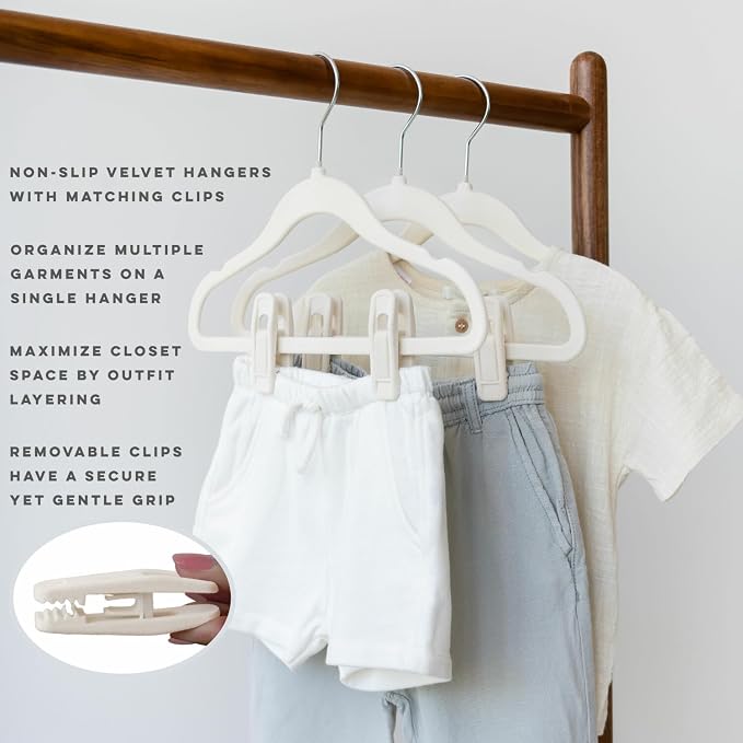 3 Sprouts Velvet Baby Hangers, Non Slip Slim, Cream, 30 Pack with 10 Clips | Non-slip velvet, Notched shoulders, 360-degree swivel hook, 11.75 x 8 in, Infant and toddler clothes, Soft colors for nursery - Image 3