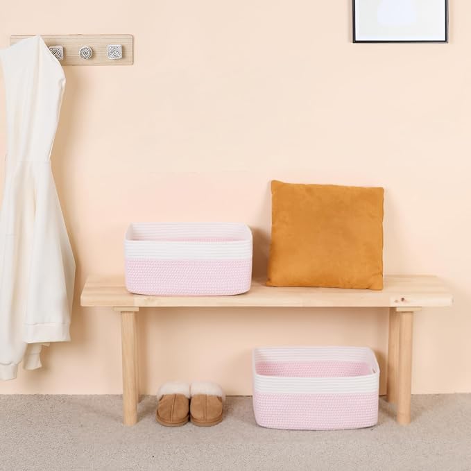 MiniArk Large Storage Baskets for Shelves, 17 x 13 x 7.5” Closet Organizers Bins for Clothes Blanket Towels, Baby Nursery, Toy Baskets Box, Woven Rope Baskets, 2 Packs Woven Pink - Image 6