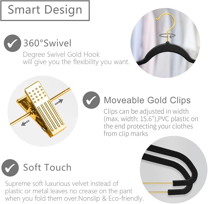 MIZGI Premium Velvet Pants Hangers with Adjustable Clips (Pack of 30) Slim Skirt Hangers- Non Slip Felt Outfit Dress Hangers Black - Gold Hooks,Space Saving Shirt Clothes Hangers - Image 3