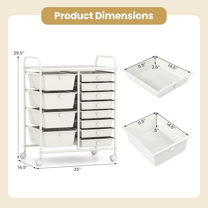 12 Drawer Rolling Storage Cart, Rolling Cart with Drawers for Classroom, Art Supply Craft Organizer on Wheel with Metal Frame & Handles for Home Office School (White, 12 Drawer Left-Right) - Image 3