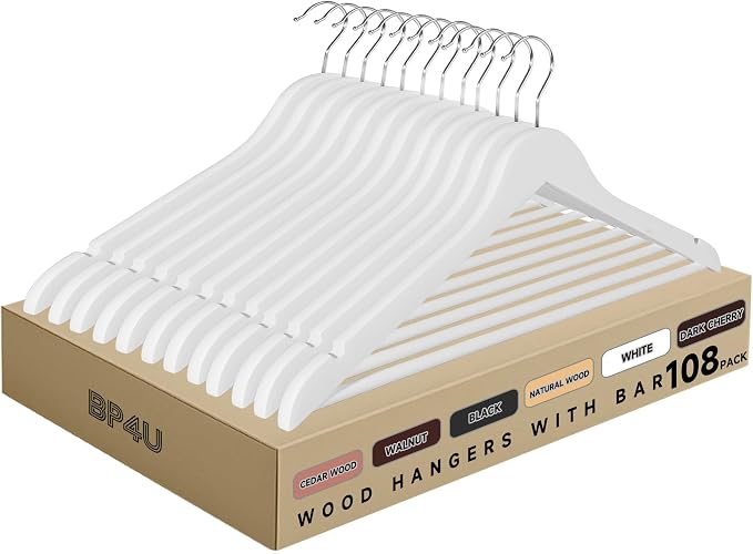 Wooden Clothes Hangers with Pants Bars, White, 108-Pack | Heavy Duty Solid Wood Suit & Coat Hangers with Swivel Hook & Shoulder Notches, for Shirts, Jackets, Dresses & Trousers by BP4U%E2%84%A2