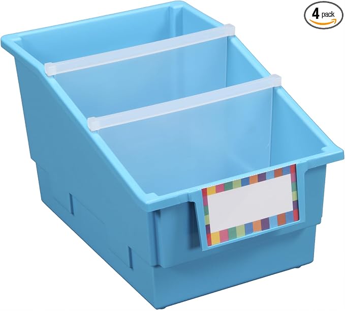 Really Good Stuff Neon Blue Chapter Book Library Bins with Dividers | 8.75" x 13.5" x 7.75", 4-Pack, Plastic Shelf Bin Classroom Organizers for Book Organization, Documents, Files, Magazines by ReallyGoodStuff