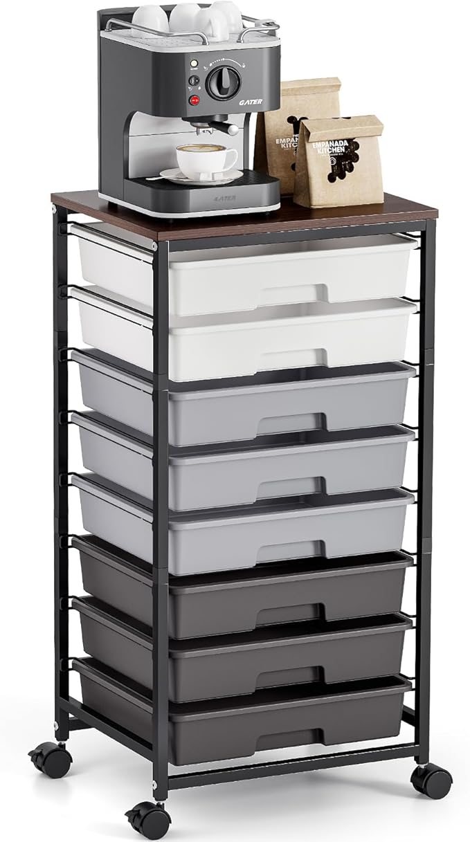 Rolling Storage Cart with 8 Drawers, Utility Cart on Wheels with Wooden Tabletop, Utility Cart for Teacher Storage, Office Organizer, Classroom Storage Cart, Craft Storage, Grey | Utility Cart on Wheels with Wooden Tabletop,Teacher Organization for Cla... by TOOLF