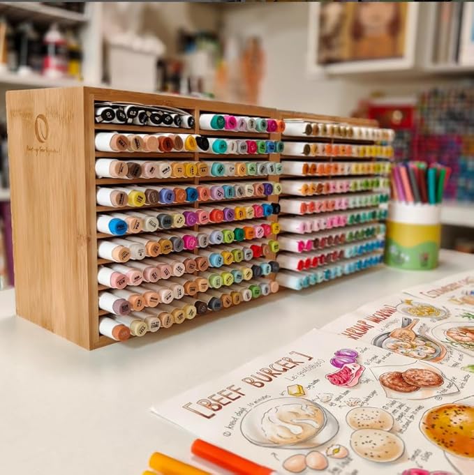 Ohuhu Bamboo Marker Organizer, Wooden Desktop Storage Holds 126 Markers | Markers Pens Pencils Art Brushes Stationary Organizer Pencil Holder with 18 Compartments for Classroom Office Decor Home - Image 6