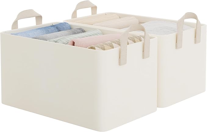 StorageWorks Fabric Storage Bins, Closet Organizer Bins, Beige, 2-Pack | With PU Handles, Wrinkle-Resistant Cottlyn Fabric, Foldable, For Bedroom, Bathroom, Laundry, Holds Clothes, Towels, Blankets by StorageWorks