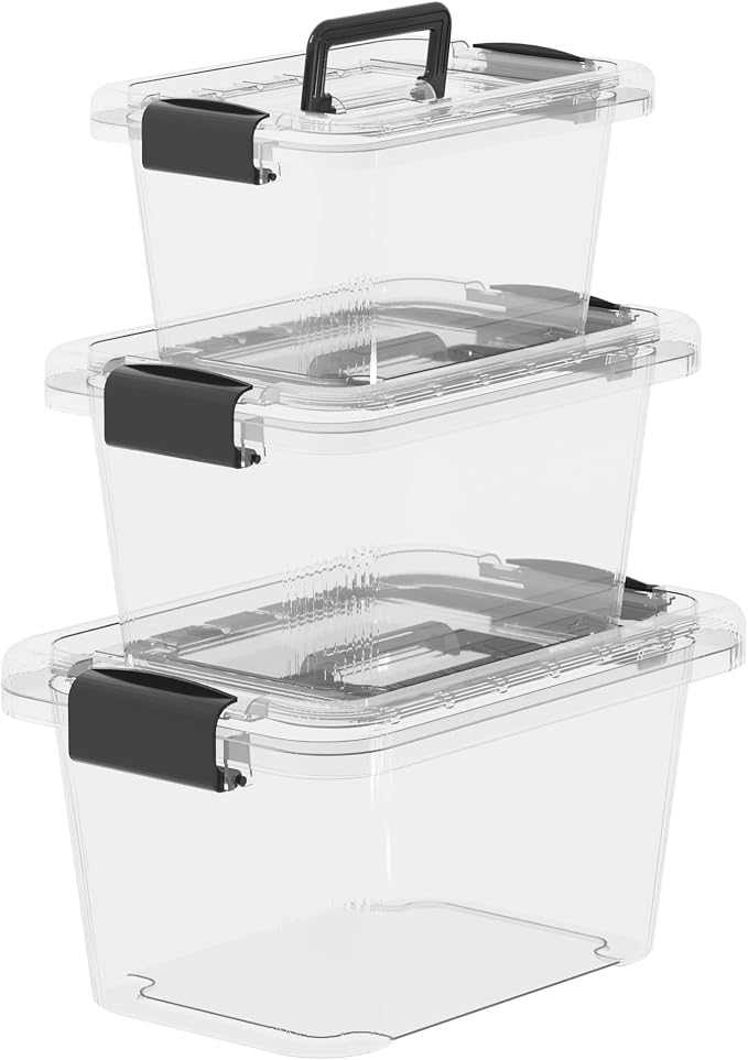 Cetomo Storage Boxes, Storage Box with Lids and Handle for Home Dorm Office Organization, Stackable Nesting Tote Container, Plastic, Clear, 6L 10L 18L-3 Pack by Cetomo