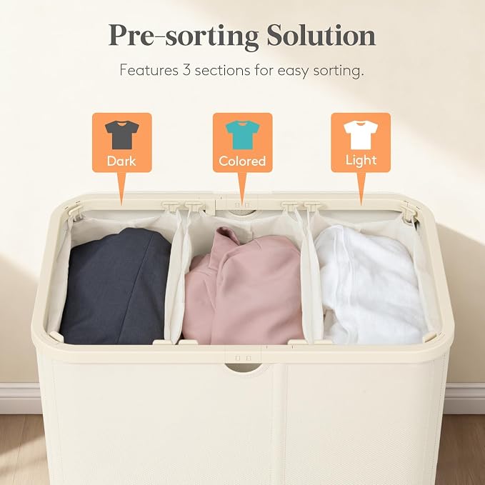 Lifewit 185L 3 Section Laundry Hamper with Lid, Laundry Basket, White | Large Foldable Laundry Sorter with 3 Removable Bags, Tall Clothes Hamper for Bedroom and Bathroom - Image 3