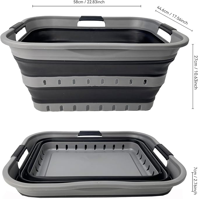 SAMMART 42 (11 Gallons) Collapsible Plastic Laundry Basket, Foldable Pop Up Storage Container/Organizer, Space Saving Hamper, Portable Bin for Dorm Room Bathroom (2, Grey/Black) - Image 9