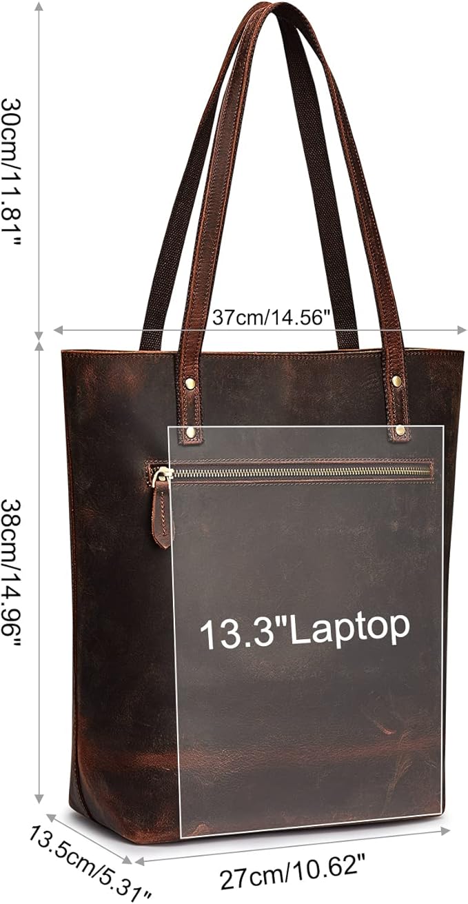 S-ZONE Leather Tote Bag for Women Work Handbag with Luggage Sleeve | Top Grain Genuine Leather, Padded Laptop Compartment, Multi Pockets, Large Retro Purse, Travel Everyday - Image 3