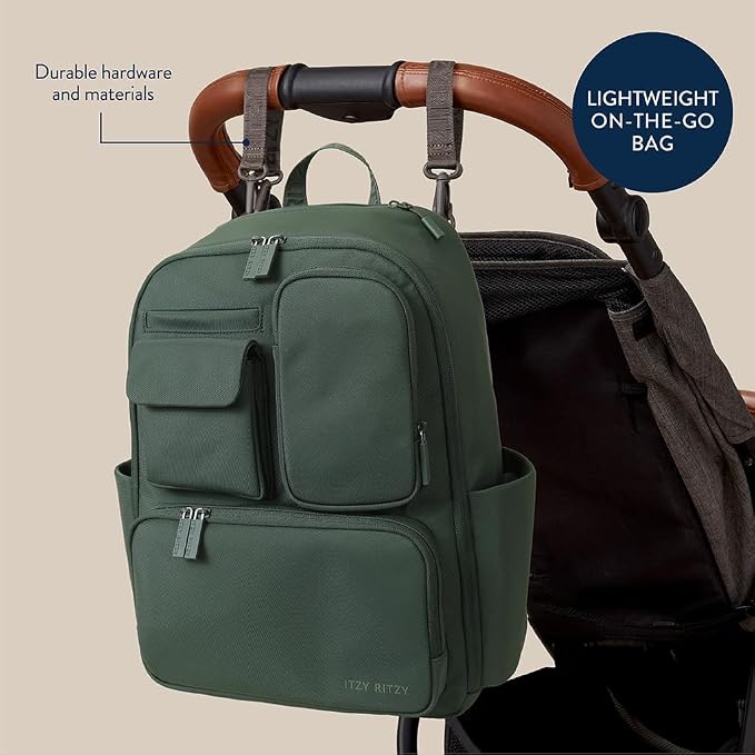Itzy Ritzy Utility Diaper Bag Backpack, 17 Pockets w/Changing Pad (Green) | Travel-Ready Diaper Backpack with 2 Insulated Bottle Holders, Laptop Compartment, Trolley Sleeve, Straps, and Changing Pad - Image 5