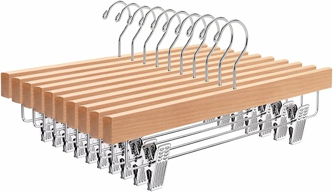 Amber Home 10 Pack Natural Wooden Pants Hangers with Adjustable Clips, 14" | Wood Skirt & Trouser Hangers, Closet Hangers for Bottom, Jeans, Slacks, Shorts by AmberHome