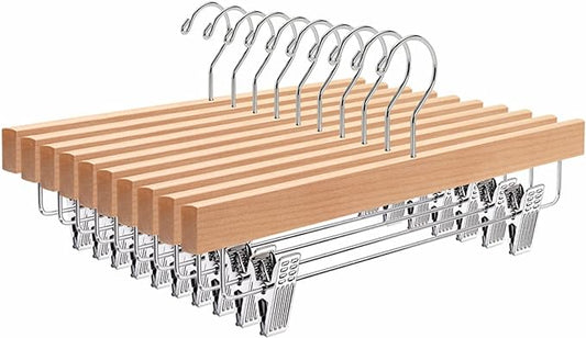 Amber Home 10 Pack Natural Wooden Pants Hangers with Adjustable Clips, 14" | Wood Skirt & Trouser Hangers, Closet Hangers for Bottom, Jeans, Slacks, Shorts by AmberHome