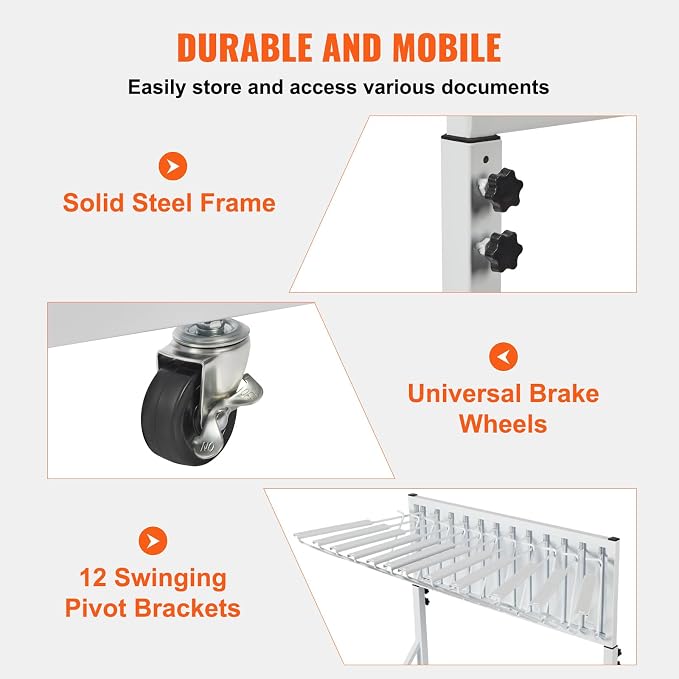 VEVOR Mobile Blueprint Storage Rack, Plan Holder with 12 Pivot Brackets, Mobile Blueprint Holder Adjustable Height & Length, Poster Display Rack for Office and Home (Rack Only Without Clamps) - Image 4