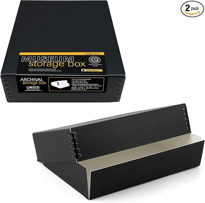 Lineco Drop Front Archival Storage Box, 8.75x10.75x3 in, Black, 2 Pack | Acid-Free with Metal Edge, Preserves Picture Longevity, Organize Photos, Newspapers, Prints, Documents, Crafts, DIY by Lineco