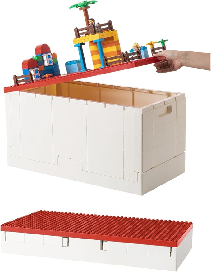 53 Qt. Folding Storage Box with Large Building Lid for Lego Duplo Blocks, 13 Gallon Collapsible Organizer for Lego Bricks (Red) by SHIMOYAMA