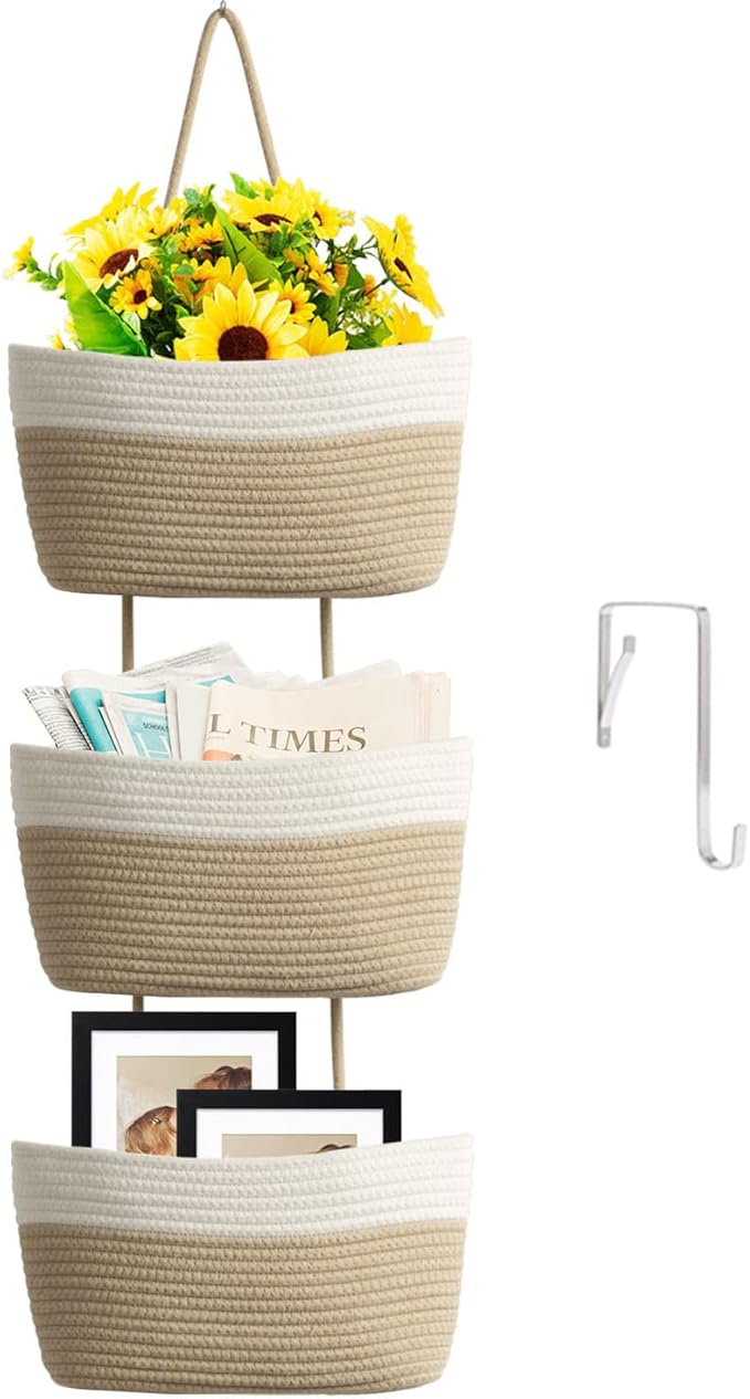 TeoKJ Over the Door Hanging Basket, 3-Tier Woven Cotton Wall-Mounted Storage Organizer Bag Decorative Hanging Nursery Baskets, White & Jute by TeoKJ