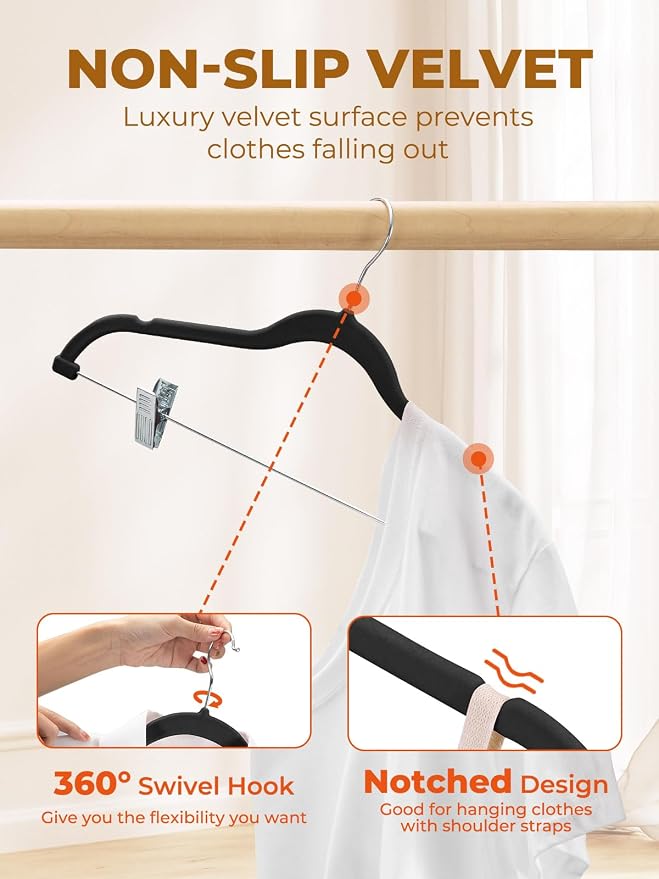HOUSE DAY Velvet Skirt Hangers 48 Pack, Black Hanger with Adjustable Clips | Space Saving Slim Felt Pant Hanger, Heavy Duty Shorts Hanger, Non Slip Clip Hangars for Pants, Skirts, Shorts, Outfit - Image 7