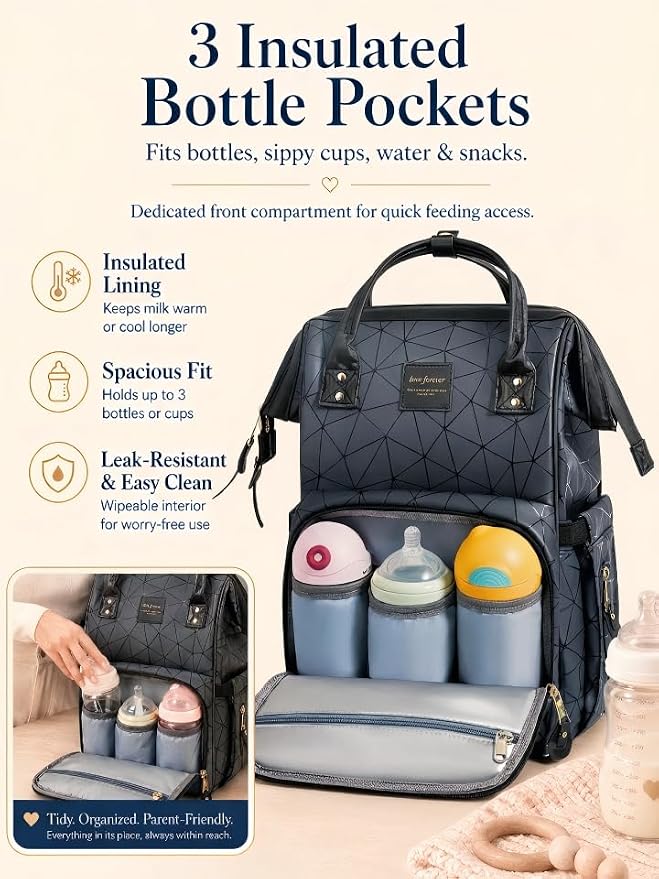 Diaper Bag Backpack, Unisex PU Leather, Very Dark Navy Blue, 16 Pockets, Insulated 3-Bottle Front, Removable Divider, Rear Zip Access, Wipes Dispenser, Stroller Straps, Luggage Sleeve - Image 7