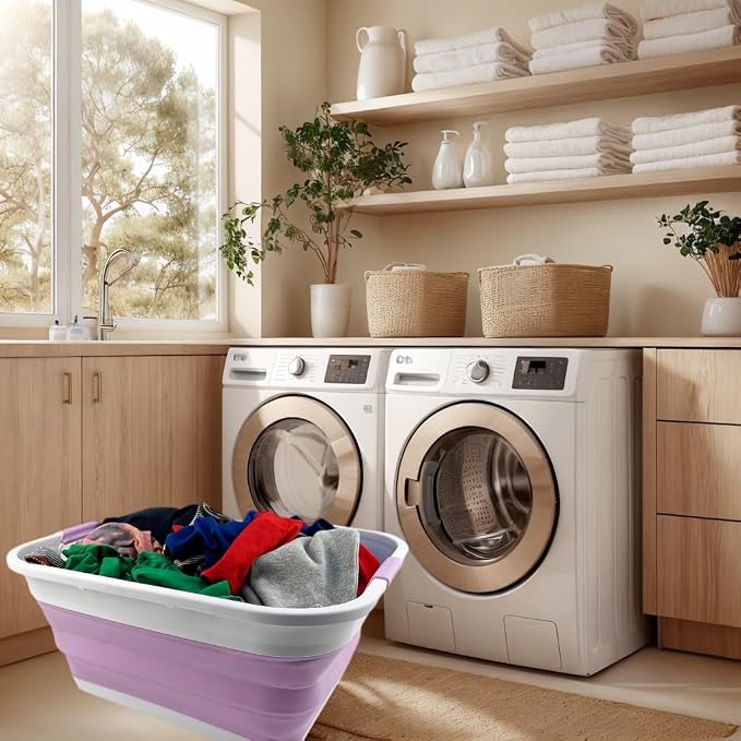 SAMMART 41L (10.8 gallon) Collapsible Plastic Laundry Basket - Foldable Pop Up Storage Container/Organizer - Portable Washing Tub - Space Saving Hamper/Basket (Rectangular, White/Pale Purple) - Image 5