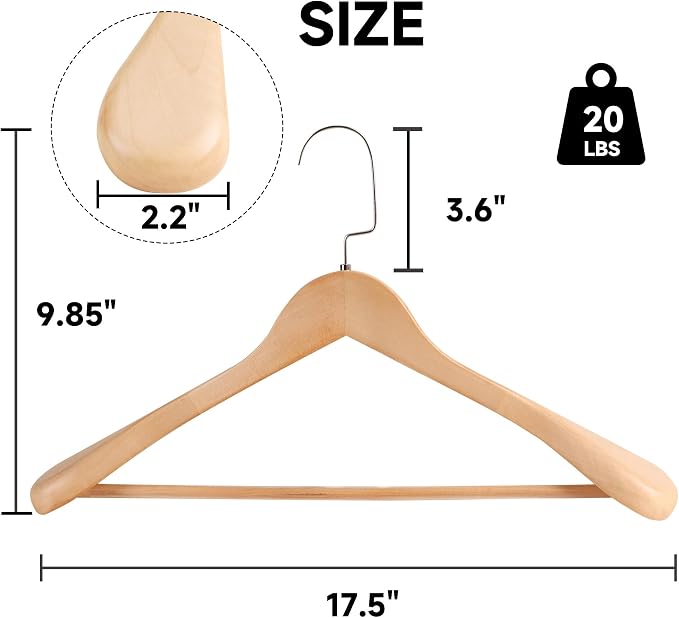 17.5" Wooden Suit Hangers, Non Slip Pants Bar, Natural Wood, 36-Pack | Wood Extra-Wide Shoulder Hangers with Flat-Head Hook for Suits, Coats, Jackets, Shirts, Pants, Heavy Clothes - Image 2