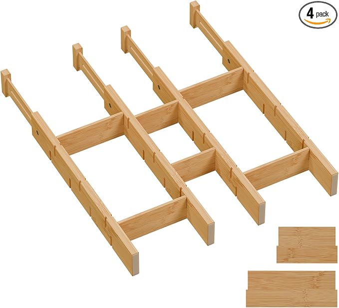 Bamboo Drawer Dividers, Expandable Kitchen Drawer Organizer | Include 4 Dividers, 4 Small Inserts and 4 Medium Inserts for Home, Office, Dressers by Vellzeyce