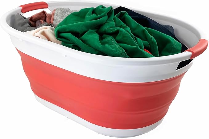 SAMMART 39L (10.3 gallons) Collapsible Plastic Laundry Basket - Foldable Washing Tub - Easy Storage & Pop Up Saving (White/Coral Pink) - Image 6