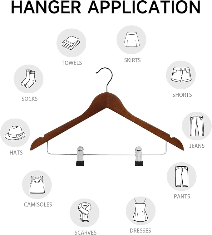 Wooden Hangers with Adjustable Metal Clips, 24-Pack, Walnut | Solid Wood Hangers with 360° Rotatable Hook for Skirt, Dress, Coats, Jacket and Pants, Space-Saving and Non-Slip Design - Image 5