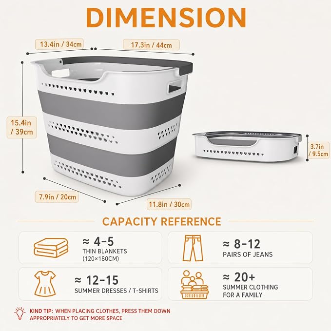 2 Pack Collapsible Laundry Basket, 42L Foldable Laundry Hamper with Comfort Handles, Upgraded Heavy-Duty Plastic Basket for Laundry, Space Saving Clothes Container for Dorm, Apartment & RV (Grey) - Image 5